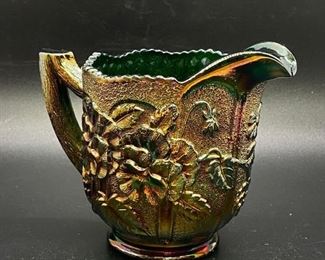 Vintage Fenton Green Carnival Glass Pansy Flower Cream Pitcher