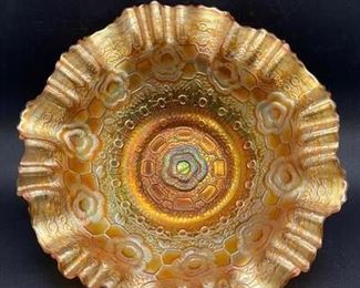Vintage Fenton Marigold Carnival Glass Crimped Edge Bowl Captive Rose Floral