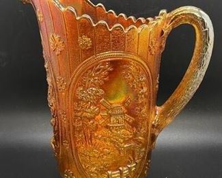Vintage Imperial Marigold Carnival Glass Orange Lustre Water Pitcher Windmill Scene