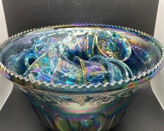 Vintage Indiana Glass Harvest Grape Turquoise Blue Carnival Glass Punch Bowl w Cups