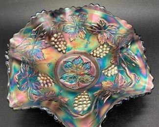 Vintage Ruffled Cobalt Blue Fenton Grape Leaves Vine Pattern Carnival Glass Bowl
