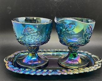 Vintage Turquoise Blue Carnival Glass Harvest Grape Cream Sugar Set from Indiana Glass