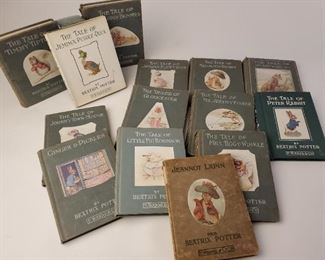 14 volumes of Beatrix Potter books. Mostly 1930s and 1940s with some undated. The Tale of Johnny Town Mouse is a 1918 edition and Mrs. Tiggy Winkle is 1905 edition.