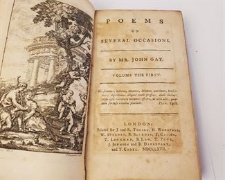 1767 Poems on Several Occasions by Mr John Gay volume the first J and R Tonson London.  Numerous illustrations. Approximately 6-⅞" by 4-⅛"
