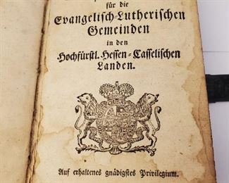 1784 Reues Gefangbuch Fur Die Evangelitch Lutherischen Gemeinden in Den Hochfurftl Hetten Tattelischen Landen. Approximately 7-½" by 4-½" New hymn book for the Evangelical Lutheran congregations.