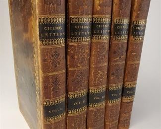 1808 five volume set of The Letters of Marcus Tullius Cicero with remarks by William Melmoth. Printed by James Ballantyne and Co. Leather bound set with gold highlights and marbled edges. Approximately 6-¾" by 4-¼"