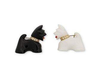 1005
A Pair Of Gemstone And Diamond Scottish Terrier Brooches
18k yellow gold, each stamped: jj / with lion's head / 750 / M012 - 0086 & M028 - 0005
Each carved stone scottie designed with a collar set with round diamonds and a carved coral tongue; one onyx and one white jade
1" L x 1.25" W
20 grams
2 pieces
Estimate: $1,200 - $1,800