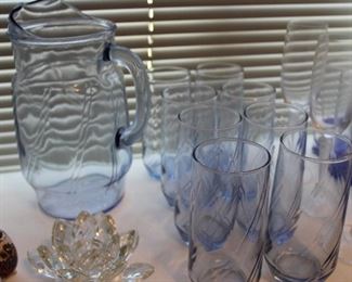 blue swirl pitcher and eight glasses
