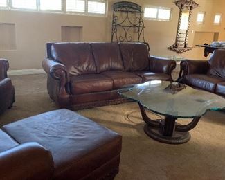 USA Premium Leather Sofa, Loveseat, 2 Club Chairs and 1 Ottoman w Nailhead Accent