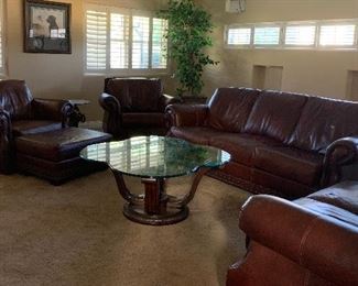 USA Premium Leather Sofa, Loveseat, 2 Club Chairs and 1 Ottoman w Nailhead Accent