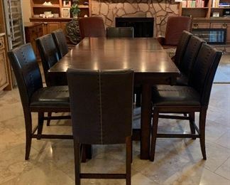 Pub Style Rectangular Dining Table w Built-in Leaf and 8 Chairs