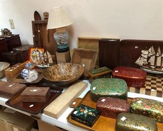 Array of wooden boxes, bowls, and plates