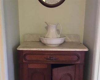 Antique Walnut Marble Top Wash Stand, Pitcher, Basin, and Mirror