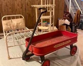Vintage Metal Bed, Doll Bed, Wagon, and Wooden High Chair