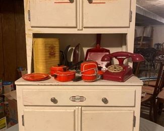 Vintage Sellers Childrens Hoosier Style Cabinet with Vintage Accessories