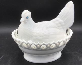 White Milk Glass Hen on a Nest Dish Chicken in a Basket