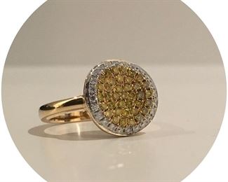 Custom designed ring; yellow and white diamonds; 18K gold; quite small, as if a pinky ring