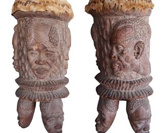 African Tripodal Drum
Carved wood, animal hide
21 inches
Three carved portrait heads, possibly referencing Senufo spirit trio, though origin uncertain
Non-ceremonial