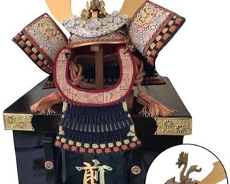 Reproduction Samurai Helmet & Black Lacquer Case
Dragon finial
Horns signifying military leadership