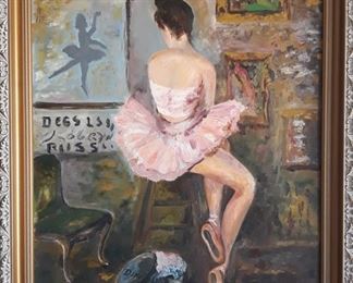 Oil on canvas copy of Claretta White's "Dress Rehearsal" signed by John Kobryn; also have Austin s sculpture of ballet slippers; together w/painting nice gift for ballet enthusiast