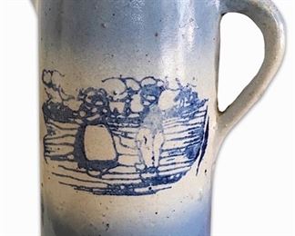 9 inch vintage salt glaze milk pitcher with Dutch milkmaid scene