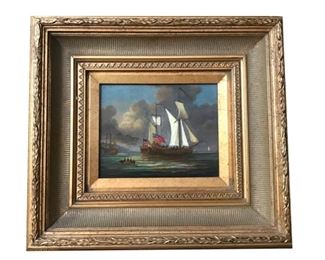 Small maritime scene in heavy elaborate frame; 8 x 10 inches; possibly of US confrontation with Britain in War of 1812