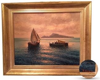 One of two painting of Capri signed by F. Mario and sold originally at Marshall Field whose sticker is on the upper left reverse of both; 15.25 x 19.25 inches