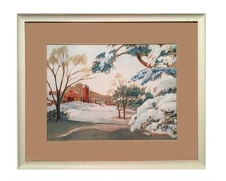 New England snow scene by Saul M. Arkin (1893 - 1980); mixed media; 13.75 x 18.5 inches. Saul Arkin was born in Russia and came to Boston as a child. He became a commercial artist who established his own advertising firm in 1920 and, beginning in 1940, worked for the Boston Post.