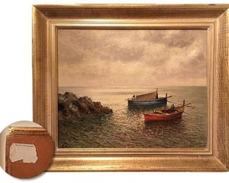 One of two painting of Capri signed by F. Mario and sold originally at Marshall Field whose sticker is on the upper left reverse of both; 15.5 x 19 inches