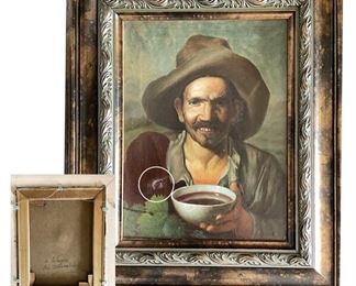 A 1926 popular academic study subject painted by Professor M. de Salvin; the winemaker or peasant in Velasquez’s "The Triumph of Bacchus"; oil on canvas; 18.25 x 14 inches; slight damage shown in circled area and also small tear in winemaker’s lower lip; priced accordingly. Work has auction history.