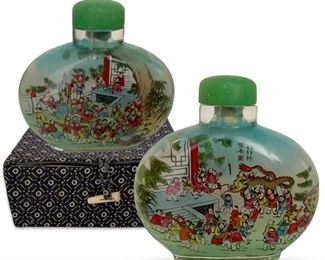 Vintage Chinese snuff/perfume bottle w/box w/different scenes front and back; 4.25 x 4.5 inches