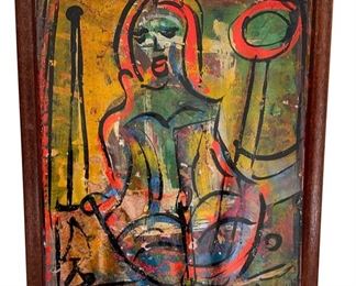 Small early oil on paper by popular Russian-American artist Alexander Gore; untitled but says "CLEVELAND Univ." at top; approx. 9.75 x 7.5”; some damage by way of tear in face, but colors remain vibrant