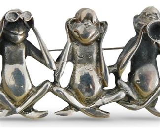 Mexican sterling bar pin w/three monkeys who want to see, hear and shout it all