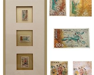 Three 1973 Japanese stamps commemorating the 1972 discovery of ancient wall paintings in the c.700 Takamatsuzuku tomb; mounted on gold foil and framed by Chrishawn Galleries, Bradenton, FL; 19.5 x 7.5 inches. To R. of the for sale artwork are shown the stamps and two images of the wall art that inspired them. They depict, top to bottom, two men, the azure dragon and a group of women.
