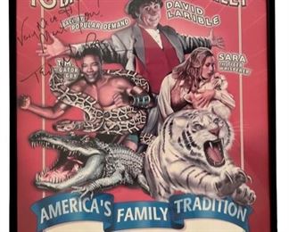 Vintage Ringling Circus ad autographed by snake and gator handler and ringmaster, Ted McRae; 21.5 x 13.25 inches; inscription reads: "Carol and Larry King Very nice to meet you! Ted McRae"