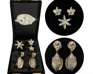 Thai .925 silver jewelry, being sold separately as orchid pin and matching earrings w/omega backs and pair of large (3.5”) shell clip-on earrings; orchid brooch a little over 2.25 inches
