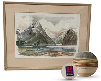 Colored lithograph by New Zealand artist Peter Arnold; entitled "Milford Sound New Zealand"; 14 x 20.5 inches; purchased from a gallery formerly operating in New Zealand