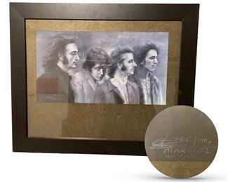Print of popular Beatles drawing by Wang Haiyan; 9 x 17 inches; 19.25 x 23.5 inches in frame