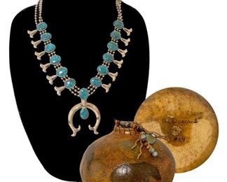 Affordable pieces from Southwestern selections; squash blossom necklace — not sterling; painted gourd signed by the Duncans from 2014; gourd is about 4.5 inches high