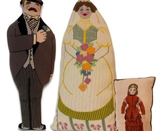 Needlepoint pillows; bride 22 inches; groom 22.5 inches; girl in rust-colored dress 13 x 8.5 inches