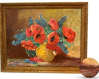 This 1967 vibrant still-life oil on Bienfang canvas, signed by O. Mallon, is a capable copy of a painting of poppies by German artist Max Streckenbach. It has been a volunteer favorite; 21.5 x 27.5 inches.