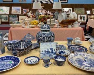 Delftware, one piece likely from the 1700’s, and other makes of perennially popular blue and white ware, including an American stoneware pitcher