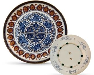 One of the larger — 15 inch — Gold Imari Blue Phoenix chargers; back sticker says "Japan"