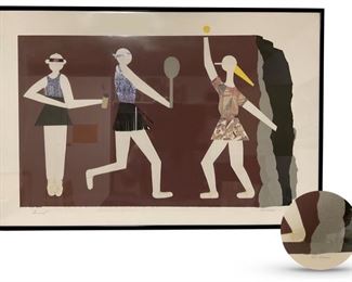 Paper artwork collage entitled "Tennis ?" by Sarasota artist Adrianne J. Winer; 19.5 x 29.5 inches