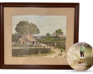 Signed, numbered print by self-taught African-American artist Jack R. Meyers (1930 - 1994); active in Louisiana; working cotton scene; 863/1500; 14 x 17.5 inches