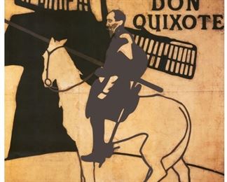 Large, popular reproduction art on canvas print of poster designed by William Nicholson and James Pride, known as the Beggerstaff Brothers, for Henry Irving's 1890’s production of Don Quixote at the Lyceum, London; Irving riding a horse, in profile; 38 x 38 inches