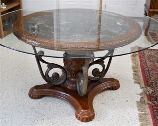 5' Round Wood, Metal & Marble Glass Top Table