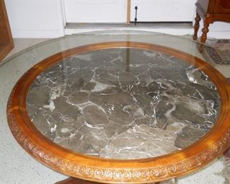 5' Round Wood, Metal & Marble Glass Top Table