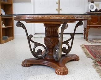 5' Round Wood, Metal & Marble Glass Top Table