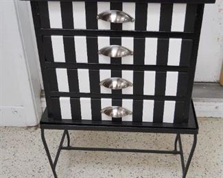 B&W Striped Iron base 3 Drawer SideTable